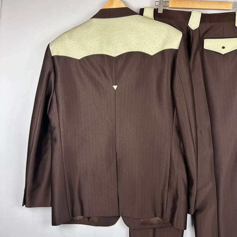 Saxifon Western Faux Ostrich Leather Suit Jacket Pants Brown/Ivory Men's 42/36
